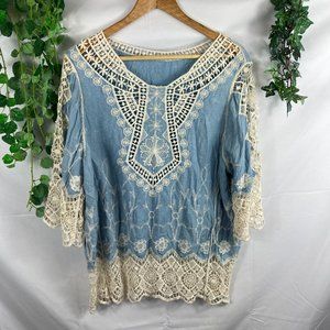 knit and chambray boutique top